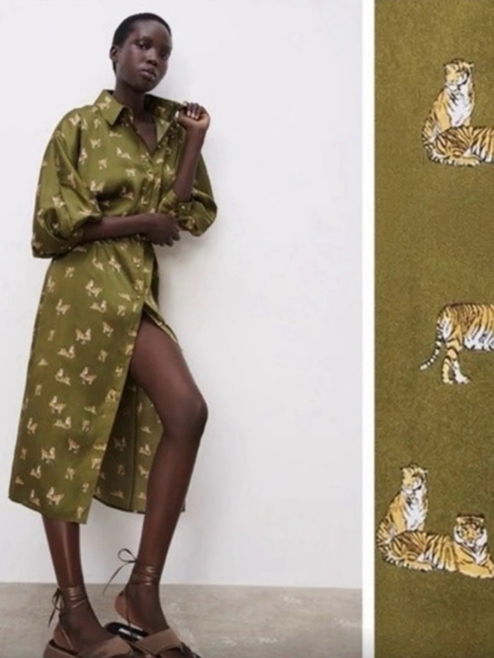Zara Olive Green Dress with Tiger Print